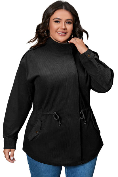 Black Plus Size Button Zipped Corduroy Jacket