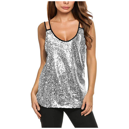 European And American Fashionable Sequins Stitching Straight Slim Fit Strappy T-shirt Women