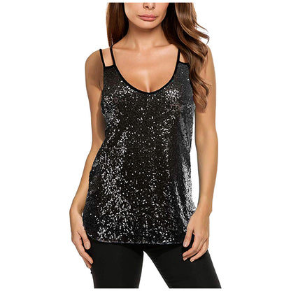 European And American Fashionable Sequins Stitching Straight Slim Fit Strappy T-shirt Women