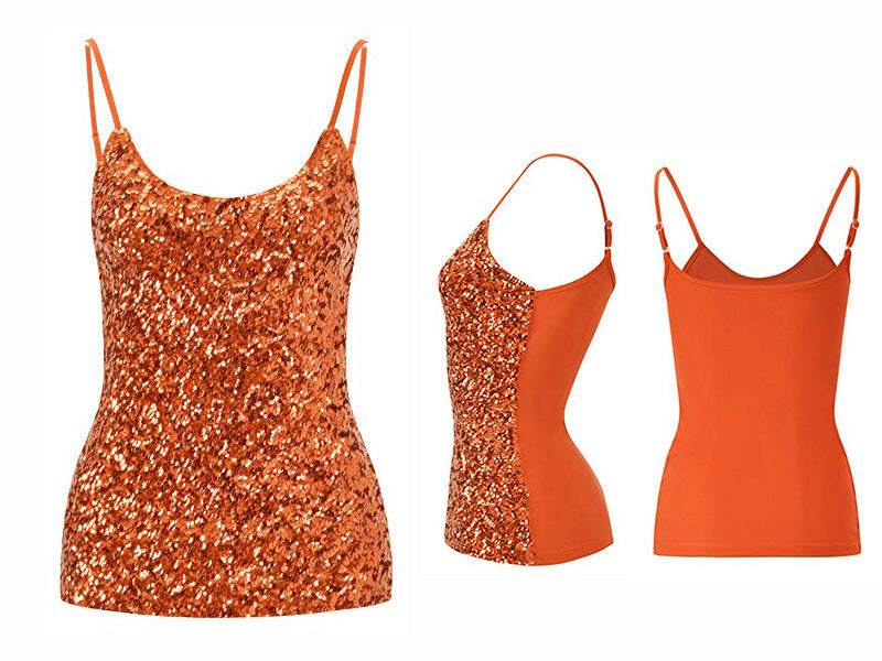 Summer Pure Color Sequins Sleeveless Sexy Round Neck Splicing Sling Vest