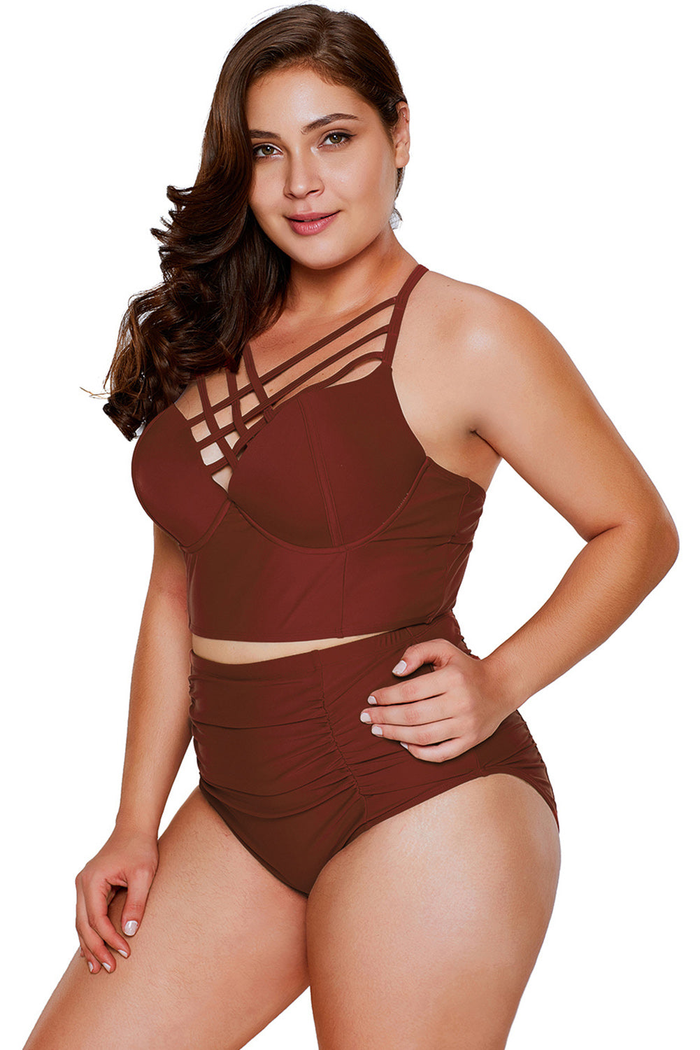 Fiery Red Strappy Neck Detail High Waist Plus Size Swimsuit