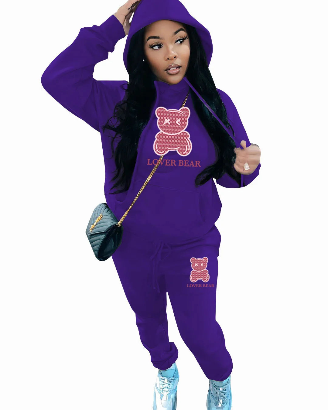 Lovely Bear Letter Print Kangaroo Pocket Tracksuit Set Long Sleeve Hoodie Draw string Trousers Women Two Pieces