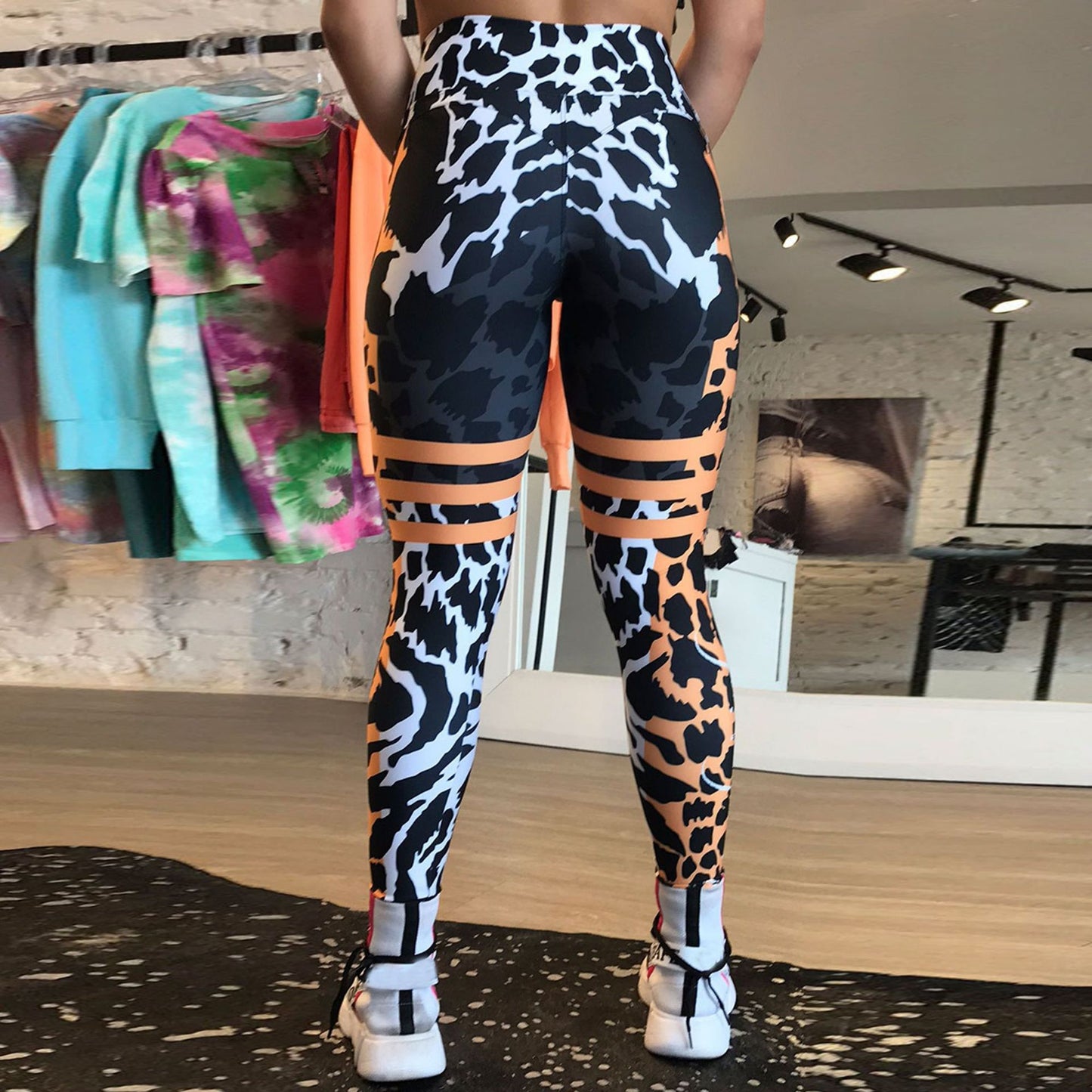 Women's Fashionable Simple Printed Stretch Tight High Waist Hip Lifting Sport Fitness Pants