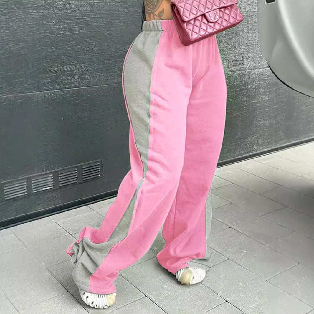 Women's Elastic Waist Color block All-matching Straight Wide Leg Sweatpants