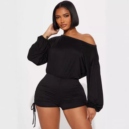 Off-shoulder Diagonal Collar Long Sleeve Loose Jumpsuit Women