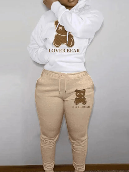 Lovely Bear Letter Print Kangaroo Pocket Tracksuit Set Long Sleeve Hoodie Draw string Trousers Women Two Pieces