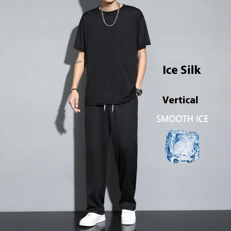 Ice Silk Sports Suit Men's Thin Casual Long Pants Short Sleeve T-shirt