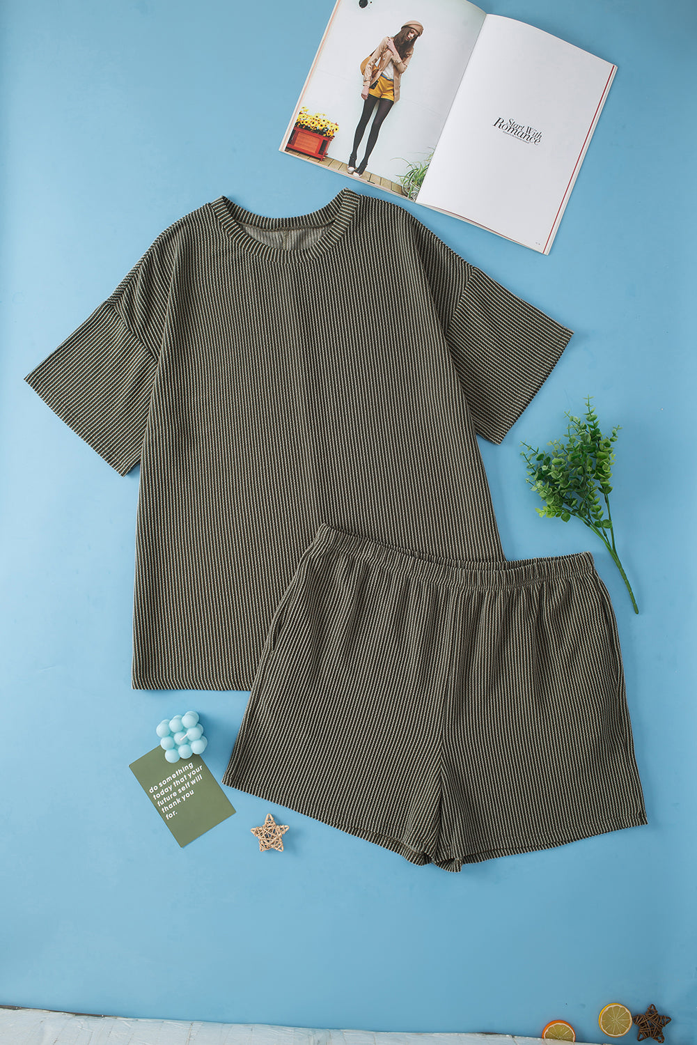 Moss Green Plus Size Rib Knit Short Sleeve Top and Shorts Set