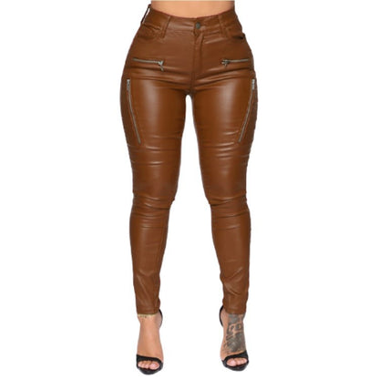 Women's Zippered Mid-rise Leather Pants