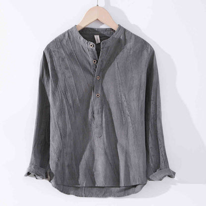 Linen Shirt Long Sleeved Stand Up Collar Retro Top Jacket