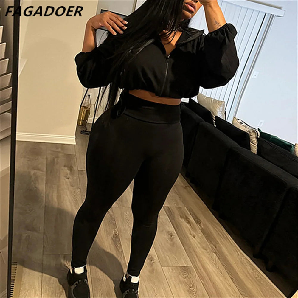 Fashion Solid Color Drawstring Skinny Pants Two Piece Sets Women Zipper Long Sleeve Crop Top + Pants Outfits Streetwear