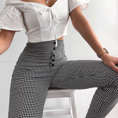 Autumn New Fashion Plaid High Waist Casual Pants