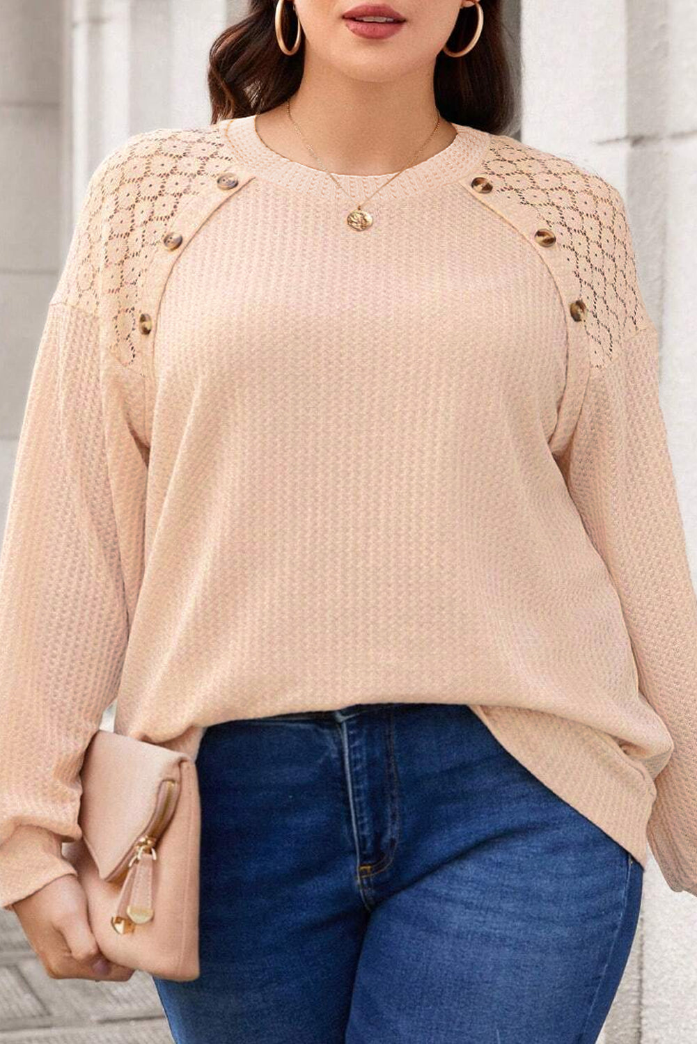 Beige Plus Size Lace Patchwork Buttons Waffle Knit Top