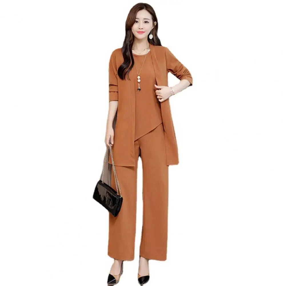 Trendy Irregular Hem Comfortable Vest Top Wide Leg Pants Mid-length Coat Set