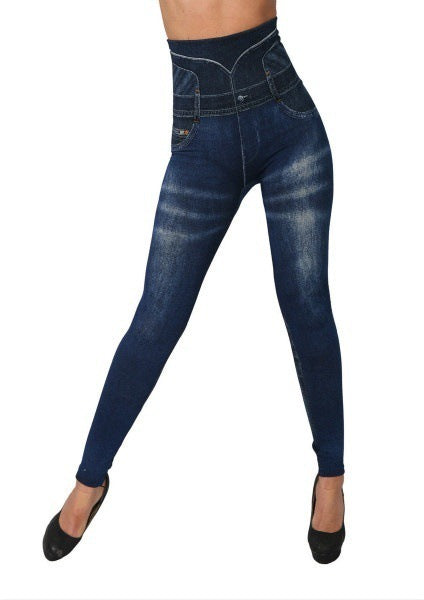 Simple Basic Seamless Cotton Imitation Denim Leggings High Waist Sexy Leggings