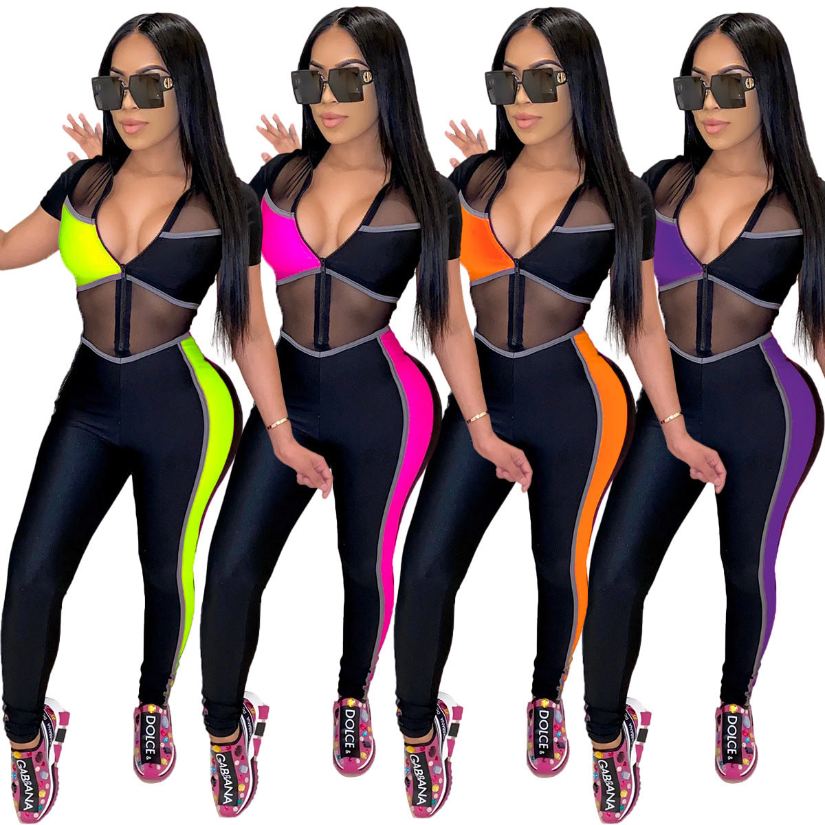 Colorblock Mesh Sexy Slim-Fit Jumpsuit