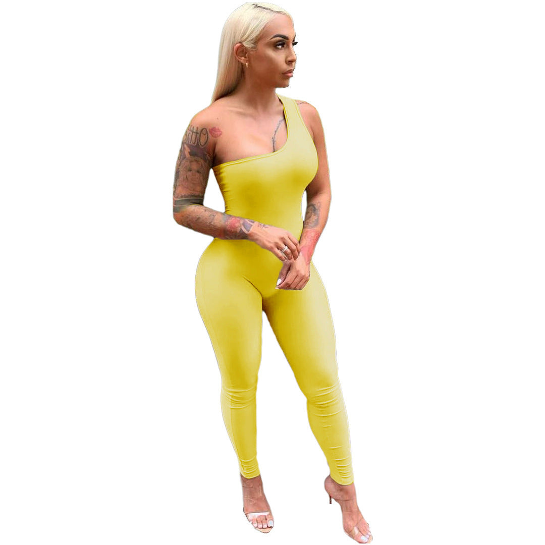 Sexy One-Shoulder Sleeveless Hip-Lift Sports Jumpsuit