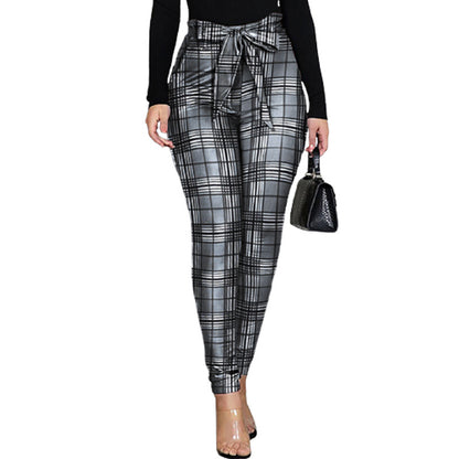 Casual Slim Plaid Print Bow Bandage High Waist Pencil Pants Ladies Streetwear