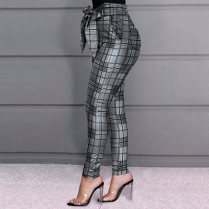 Casual Slim Plaid Print Bow Bandage High Waist Pencil Pants Ladies Streetwear