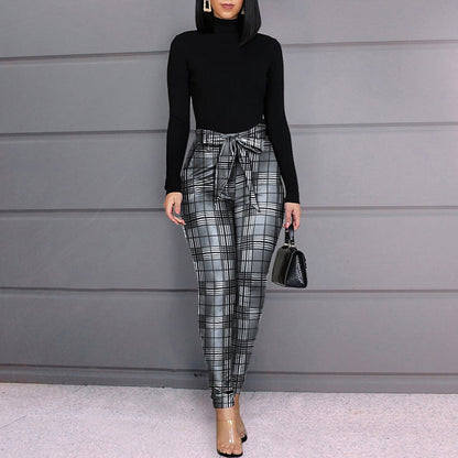 Casual Slim Plaid Print Bow Bandage High Waist Pencil Pants Ladies Streetwear