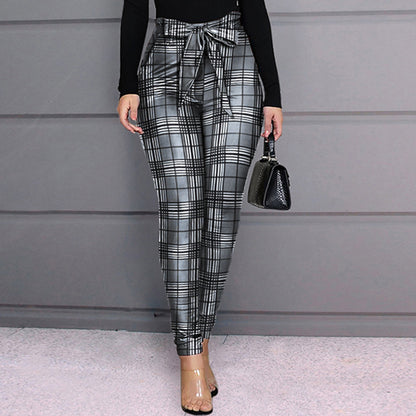 Casual Slim Plaid Print Bow Bandage High Waist Pencil Pants Ladies Streetwear