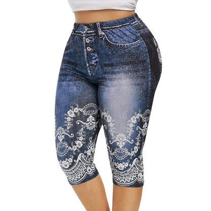 Women Mid-Calf Leggings Imitate Jeans Printed Stretch