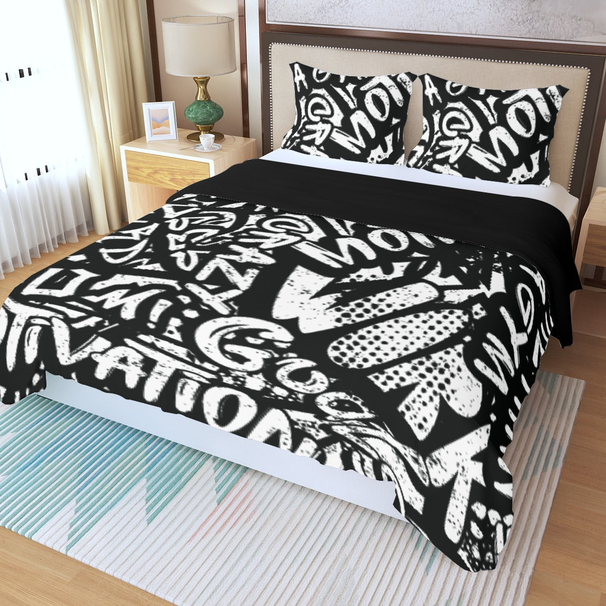 Three Piece Duvet Bedding Set Black and White Words