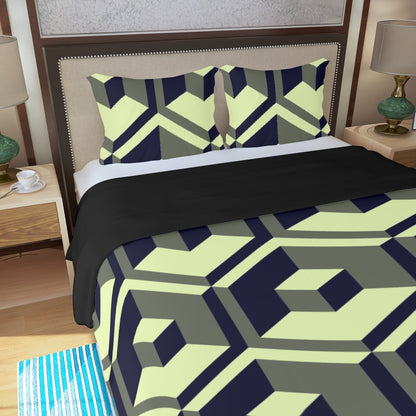 Three Piece Duvet Bedding Set Green Squares