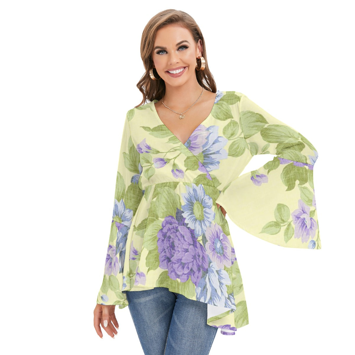 Women's V-neck Blouse With Flared Sleeves