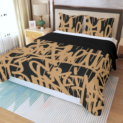 Three Piece Duvet Bedding Set Black with Gold Letters