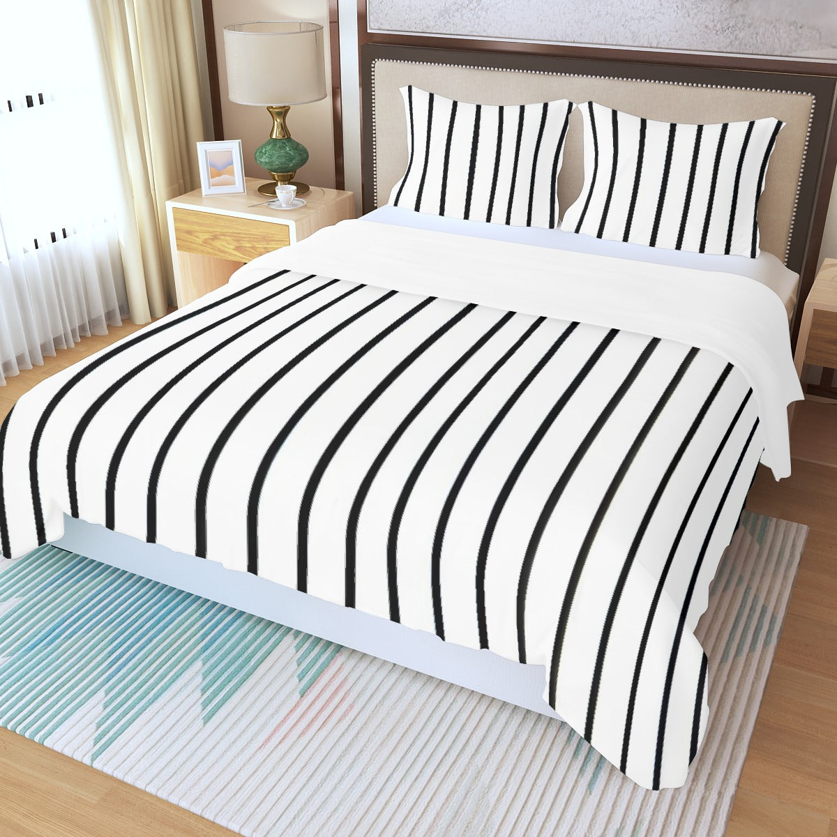 Three Piece Duvet Bedding Set White and Black Lines