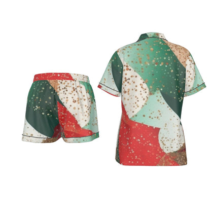 Holiday Print Women's Imitation Silk Pajama Set With Short Sleeve