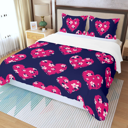 Three Piece Duvet Bedding Set Pink Hearts