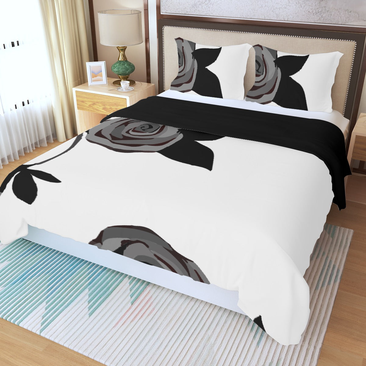 Three Piece Duvet Bedding Set Black Rose