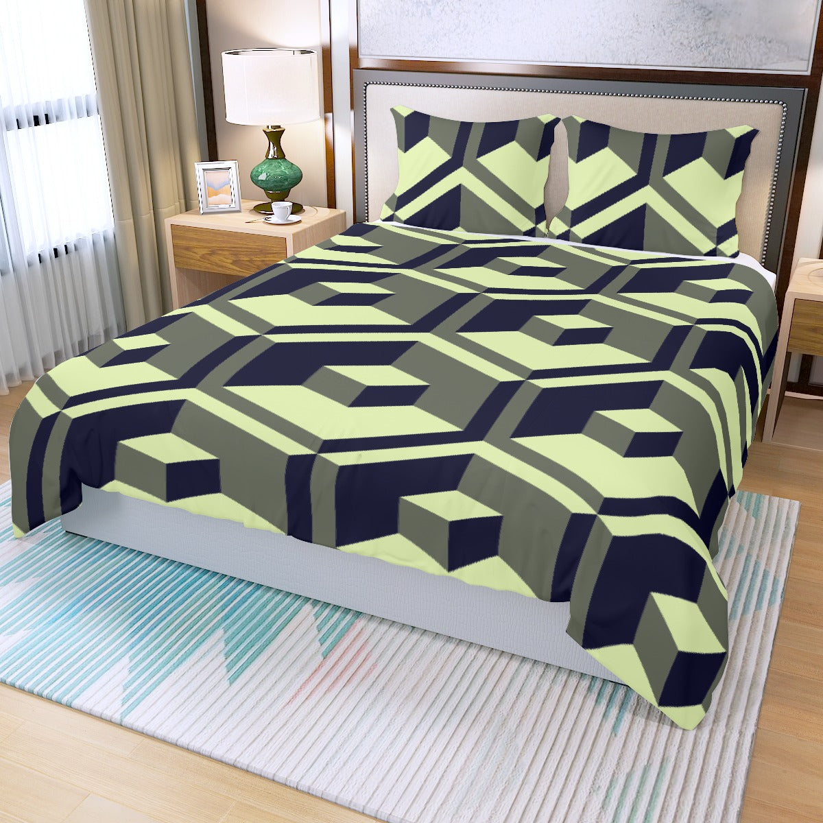 Three Piece Duvet Bedding Set Green Squares