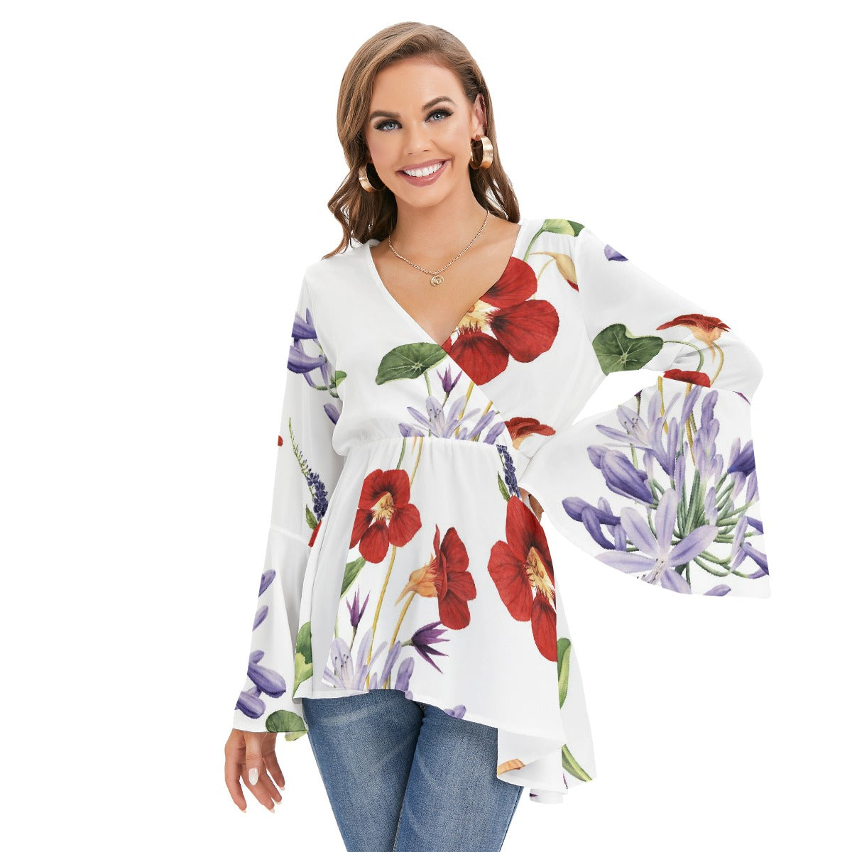 Women's V-neck Blouse With Flared Sleeves