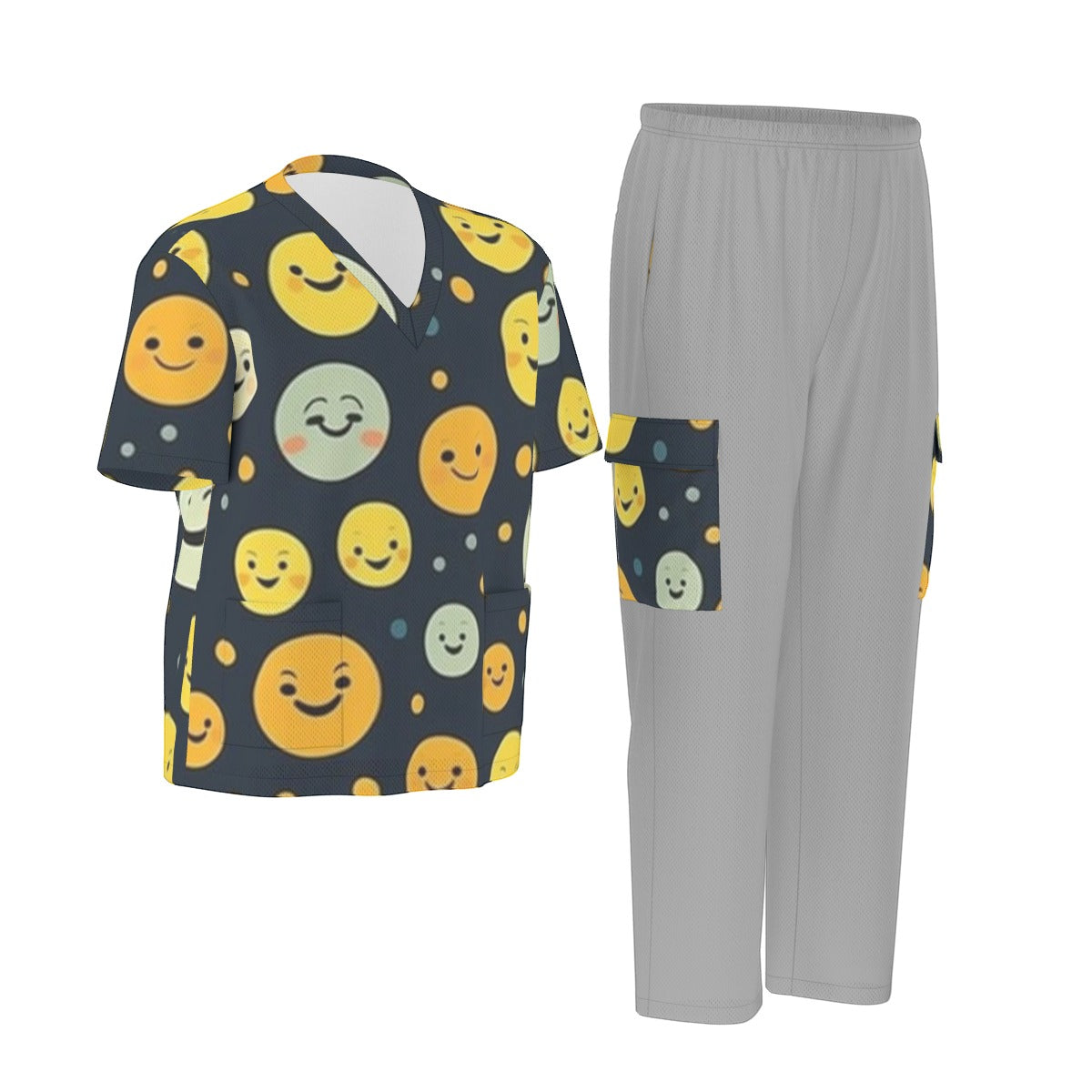 Unisex Scrub Set Birdseye Gray and Faces