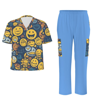 Unisex Scrub Set Birdseye Blue and Faces