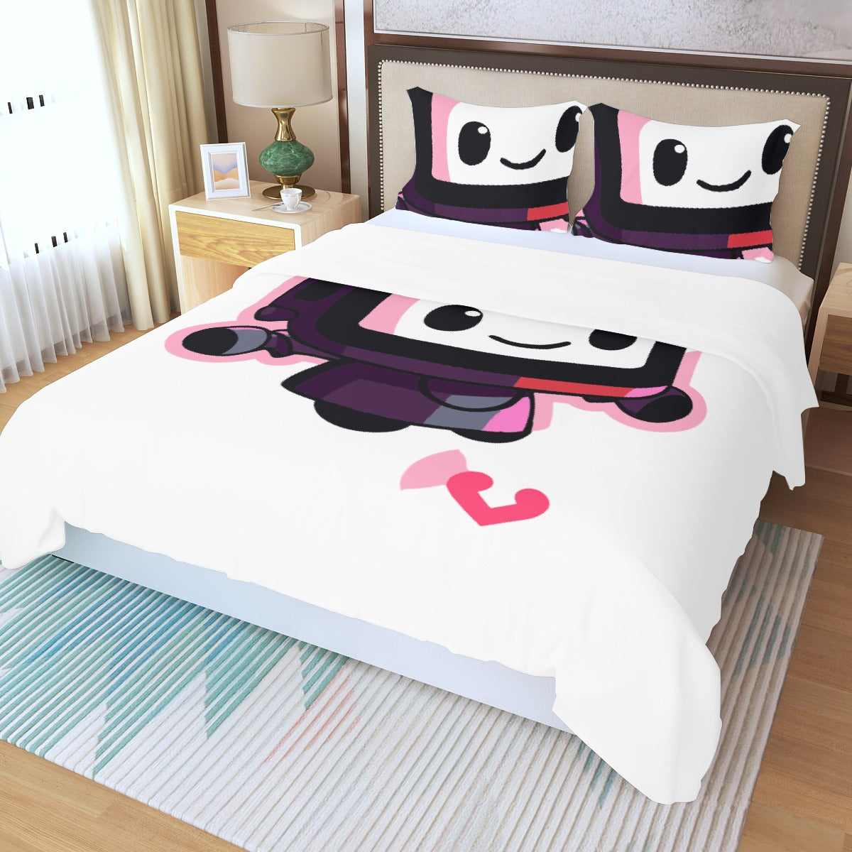 Three Piece Duvet Bedding Set Pink Robot