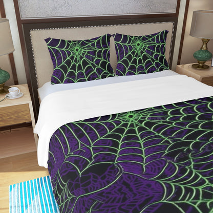 Three Piece Duvet Bedding Set Purple and Green Web