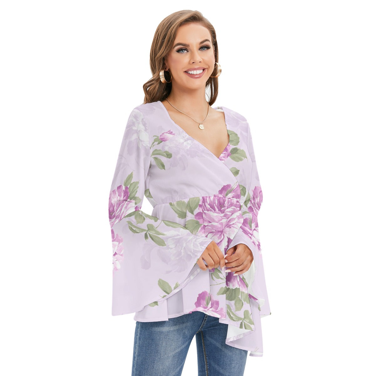 Women's V-neck Blouse With Flared Sleeves