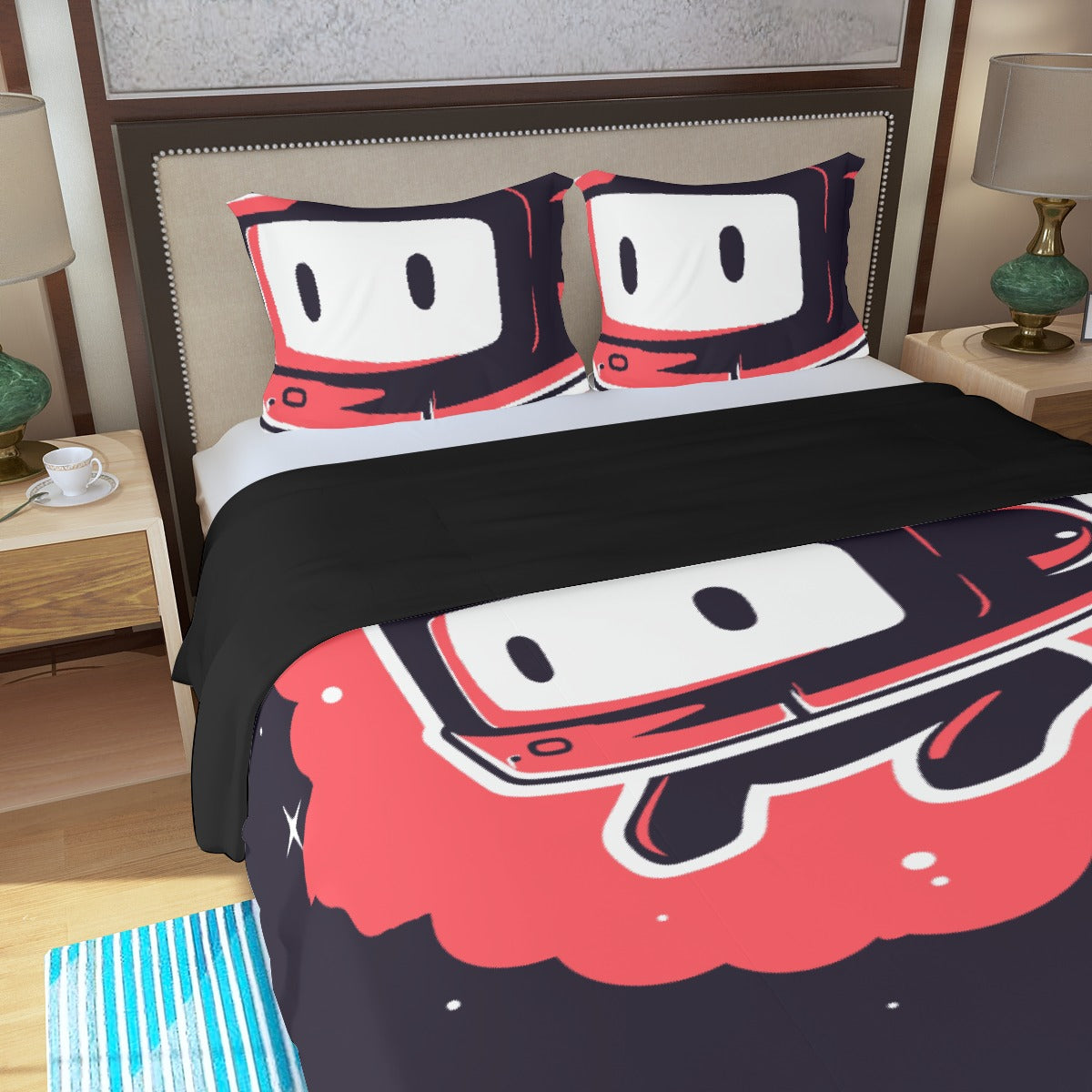 Three Piece Duvet Bedding Set Red Robot