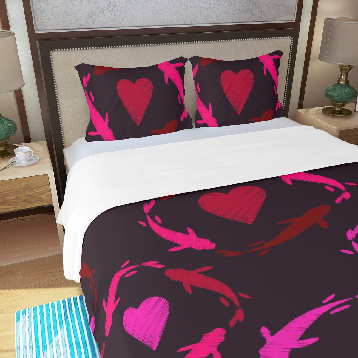 Three Piece Duvet Bedding Set Hearts and Fish