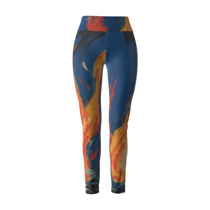 Women's High Waist Leggings | Side Stitch Closure "Fire Blue and Orange"