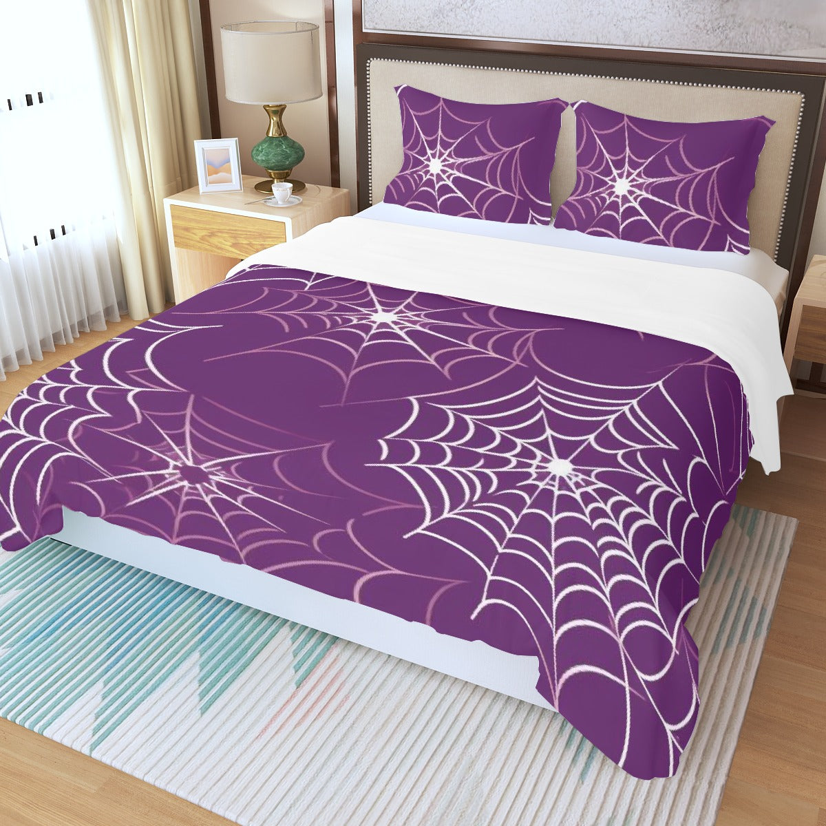 Three Piece Duvet Bedding Set Purple Web