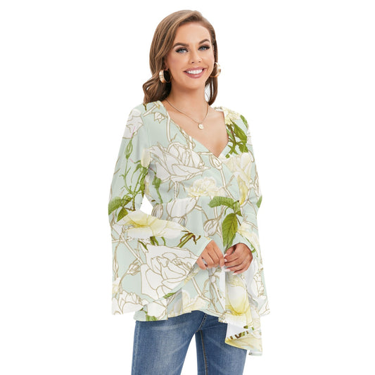 Women's V-neck Blouse With Flared Sleeves