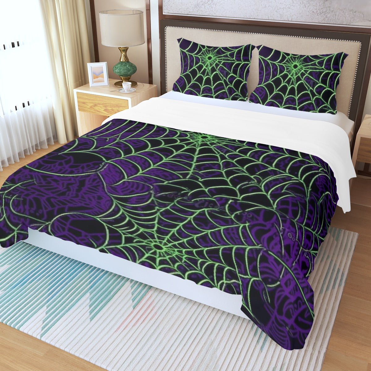 Three Piece Duvet Bedding Set Purple and Green Web