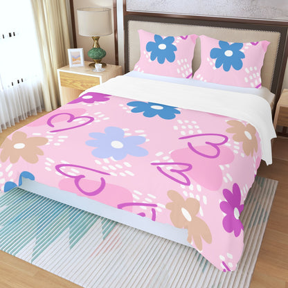 Three Piece Duvet Bedding Set Pink hearts and Flowers