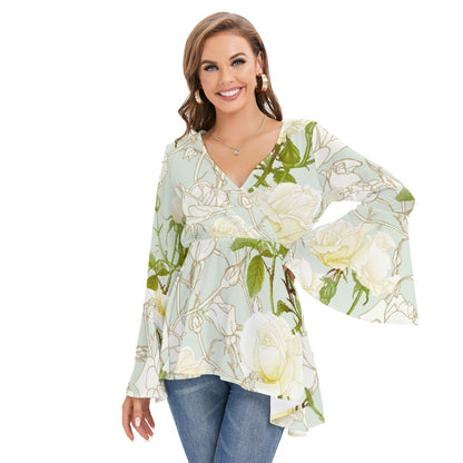 Women's V-neck Blouse With Flared Sleeves