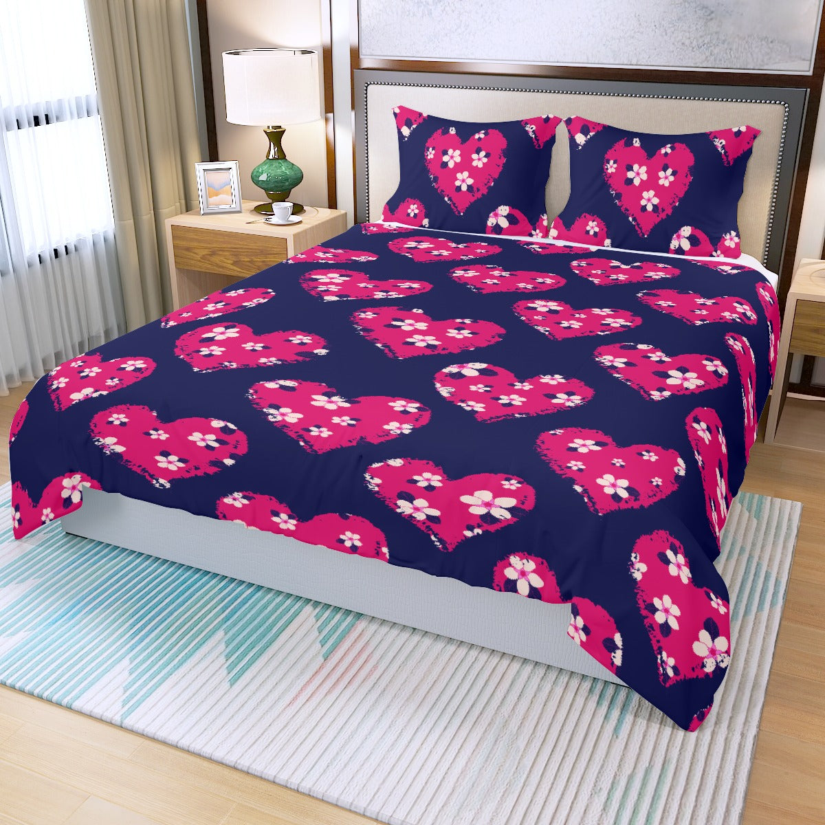 Three Piece Duvet Bedding Set Pink Hearts